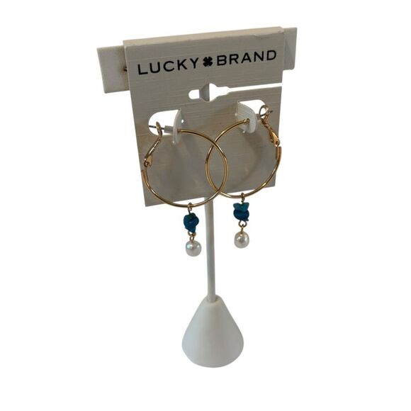 Faux Turquoise & Pearl Goldtone Hoops. Perfect for Summer. - Picture 2 of 5